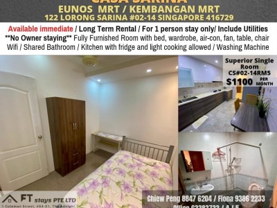 Kembangan MRT | Eunos mrt /Common Room for rent/ Casa Sarina for 1 Pax | Immediate Available | No Agent Fee - 122 Lorong Sarina