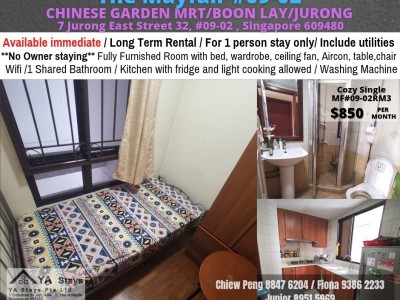 Singapore - Jurong West - Chinese garden MRT /Boon Lay MRT/ Jurong MRT/ Immediate Available/Min 3 - 12 Month Rental / For 1 pax stay / Include utilities / No owner stay / Fully Furnished room with bed / chair/ Wifi / Air-con / Ceiling fan/ Wardrobe / Kitchen with frigde and light 