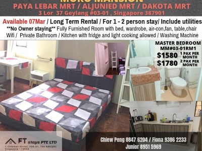 Singapore - Geylang -  Master Room/Immediate Available/ No Owner Staying/1or2 person stay/No Agent Fee/Allowed Cooking/No Pets Allowed/Near Paya Lebar MRT/Aljunied MRT/Dakota MRT 