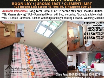 Singapore - Clementi - BOON LAY/JURONG EAST/ CLEMENTI/ LAKESIDE MRT/ Immediate Available/Min 3 - 12 Month Rental / For 1-2 pax stay / Include utilities / No owner stay/ No Agent Fee