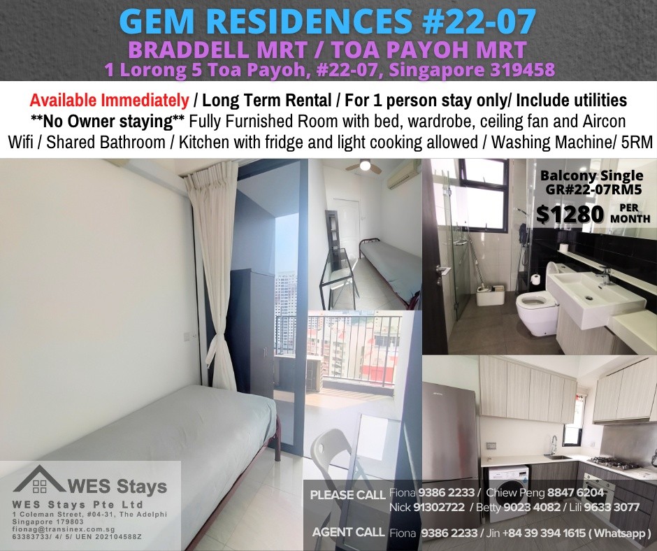 Room for rent / BRADDELL MRT/ TOA PAYOH MRT / Common room / 1pax stay / Available 14 Nov/ GEM RESIDENCES - Toa Payoh - Flat - Homates Singapore