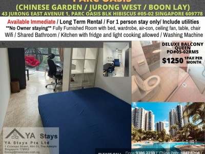 Room for rent / Chinesee Gardern, Jurong West, Boon Lay / Common room / 1pax stay / Available April 29 - 43 JURONG EAST AVENUE 1, PARC OASIS BLK HIBISCUS #05-02 SINGAPORE 609778